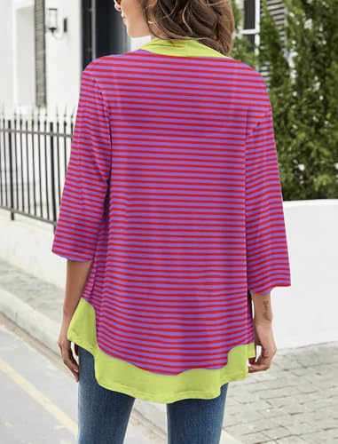Image of Cardigans for Women Trendy 3 /4 Sleeves Lightweight Summer Flower Ruffles Striped Color Block Cardigan