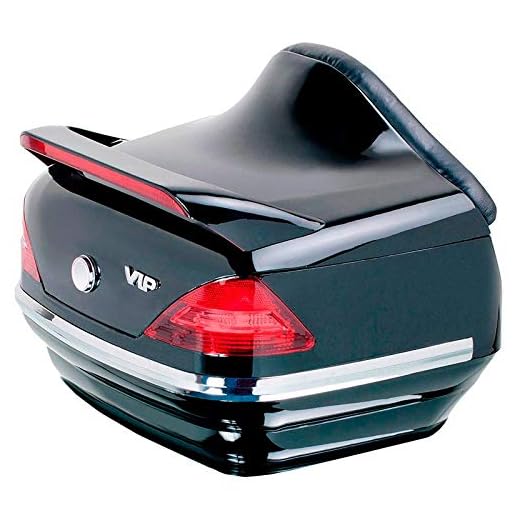 Baul rigido para moto custom de 40 litros de capacidad, con pilotos y respaldo. Color negro brillo. Capacidad para un casco.
