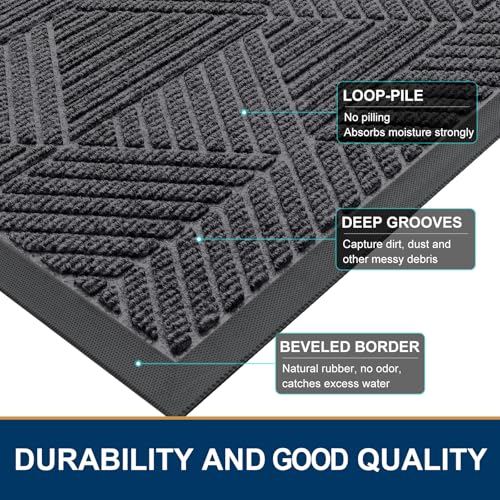 Smiry Front Door Mat Outside Entrance, Heavy Duty Sturdy Natural Rubber Doormat, Trap Dirt and Moisture, Easy Clean Low Profile Welcome Floor Mats for Indoor Outdoor Entry, 29.5x17 Inch, Light Grey