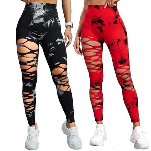 UONNOU Women's Tie Dye Cutout Tights High Waist Workout Yoga Leggings,Scrunch Butt Lifting Elastic Pants,2 Pack
