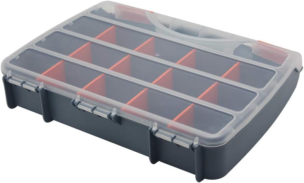 BangQiao Plastic Storage Box Organizer Container with Handle and Clear Lid, 15 Adjustable Compartments and 2 Fixed Sections for Screws, Nails, Nuts, Bolts, Fishing Tackle, Gray Orange Clear