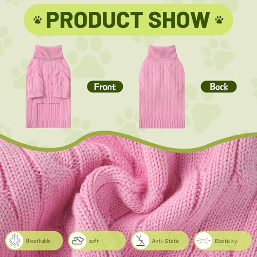 Image of Small Dog Thermal Pullover Sweater, Classic Turtleneck Cable Knitwear Dog Clothes for Cold Weather Warm Pet Clothes for Chihuahua, Bulldog, Dachshund, Pug Pink XX-Large