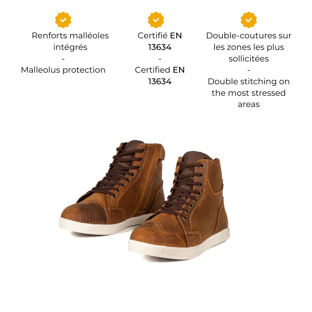 Clayton - Zapatos de moto para hombre con certificación CE estándar EN 13634 de piel reforzados, maleolos, cierre de cremallera y cordones, suela antideslizante