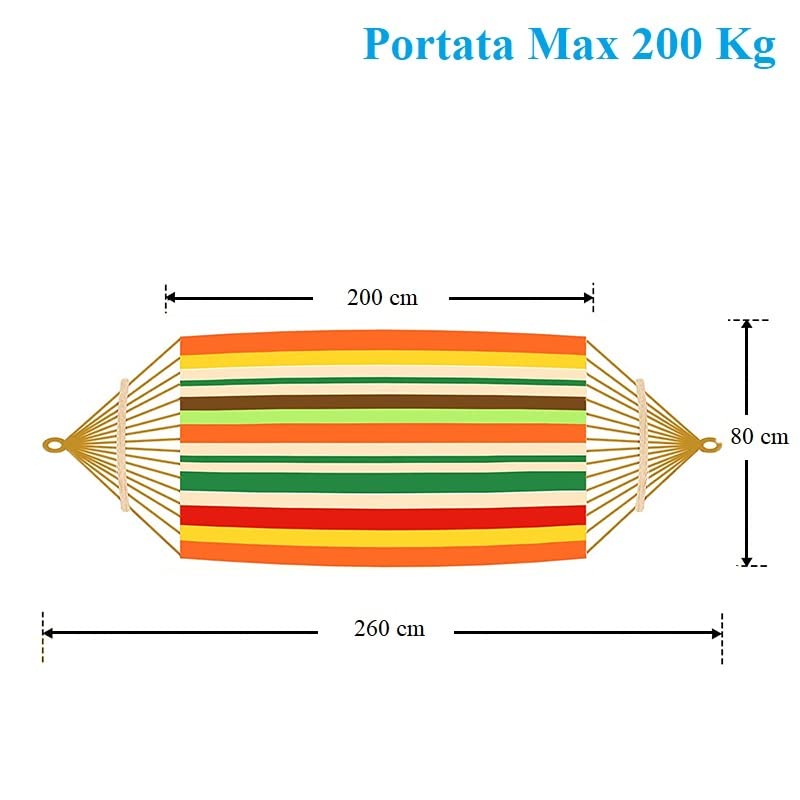 Virsus Amaca da giardino a righe colorate con ASTE IN LEGNO 3961, misura 200x80 cm, portata fino 200 Kg, barre bilanciamento 80cm, tela oscillante per relax all'aperto, campeggio, giardino, spiaggia