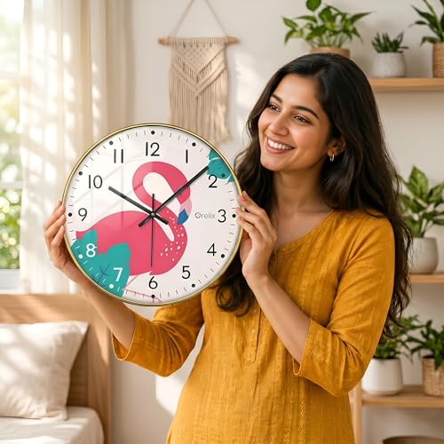 Image of Flamingo Wall Clock for Home Decor Non-Ticking Silent Wall Clock | Modern Wall Watch for Hall, Living Room, Office & Bedroom | Fancy Wall Clocks Battery Operated | Round Easy-to-Read Wall Watch
