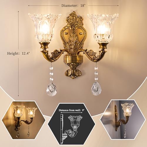 Image of Wellmet 2-Lights Gold Wall Sconce, Retro Wall Light, Bathroom Vanity Wall Lamp, Wall Light Fixtures for Living Room, Bedroom, Hallway, Bathroom, Stairway, W-18in (Bulb not Include)