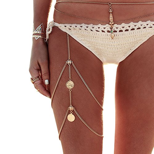 ieasysexy Hot Sexy Leg Tassel Chains Coins Pendant Crossover Harness Waist Belt Chain(Gold)