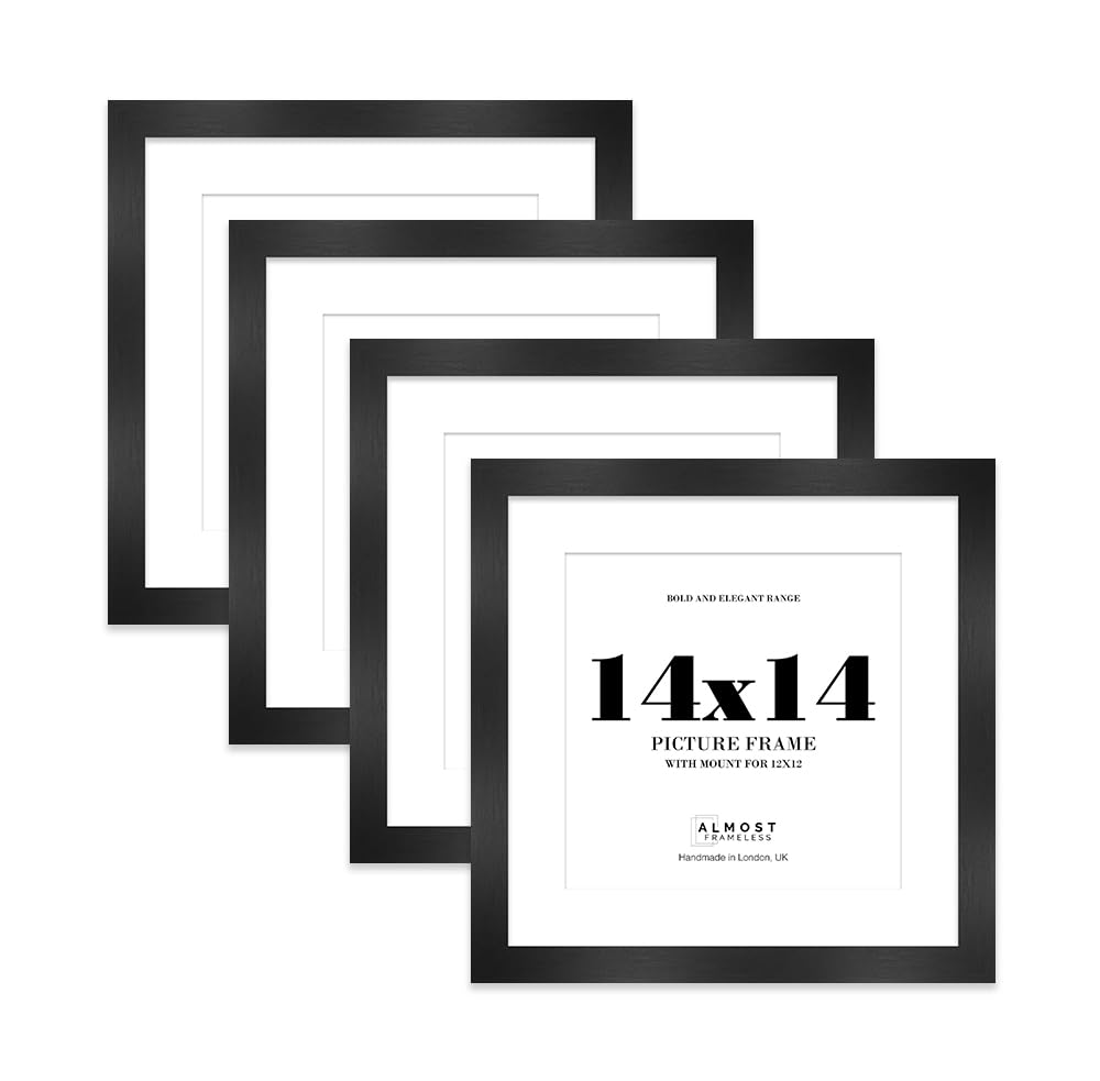 14x14" Black Square Frame With Mount for 12x12" Pictures 28mm Edge Frame Display with Wall Hooks, 4 Pack