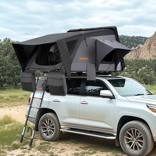Sanhima Rooftop Tent Hard Shell - Jervis Overland Aluminium ABS Roof Top Tent w/Stargaze Window & LED Strip Light for Car SUV Truck Camping, 2-3 People (Gray)