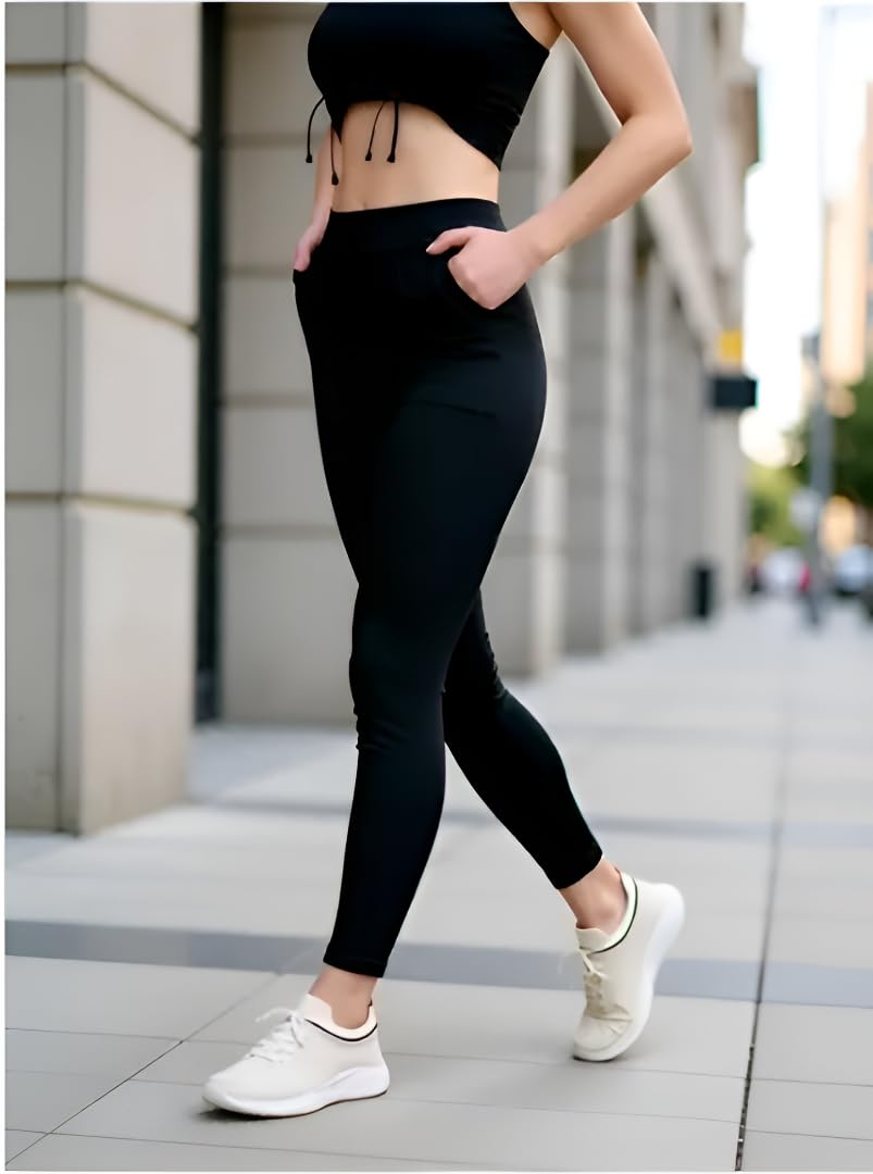 Women's High Waist Ankle Length Jeggings, Black, Stretch Cotton Blend, Slim Fit with Side Pockets,-picture-42