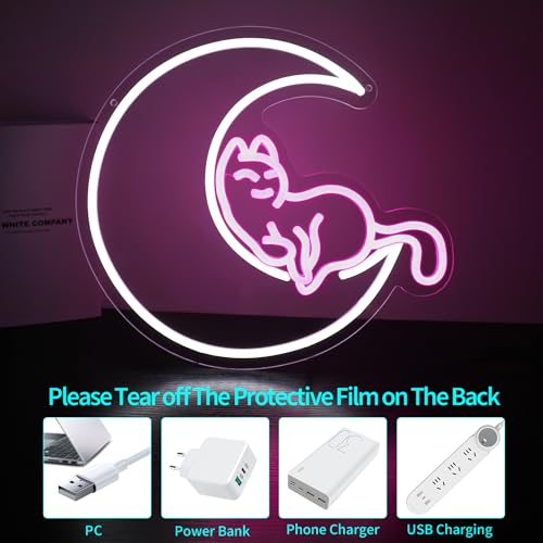 Image of Neon Sign, HSJNJKFU Moon Cat Neon Signs for Wall Decor White Pink LED Cat Signs for Man Cave Room Home Party Birthday Beer Signs - Neon Light USB Powered