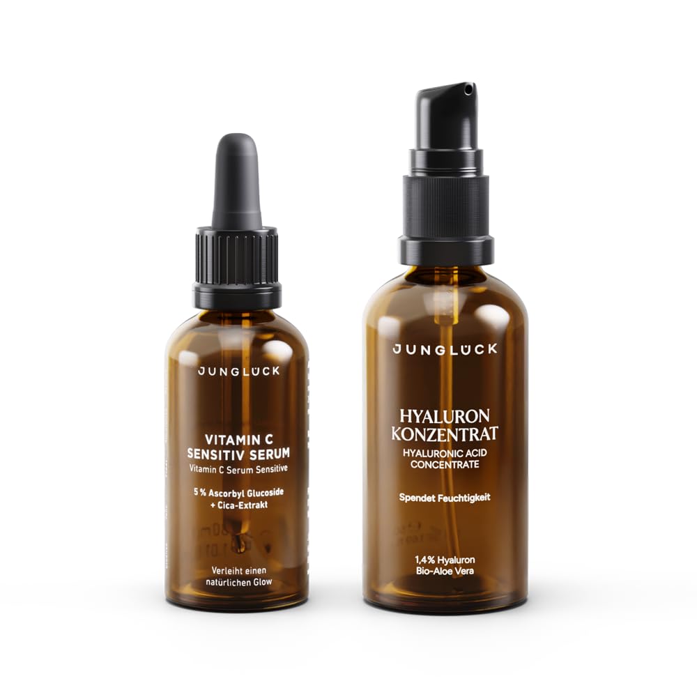 JUNGLÜCK Strahlend schön Kombi – Vitamin C Sensitiv Serum 30ml + Hyaluron Konzentrat 50ml – mit 5% Vitamin C & 1,4% Hyaluronsäure – natürlicher Glow für alle Hauttypen