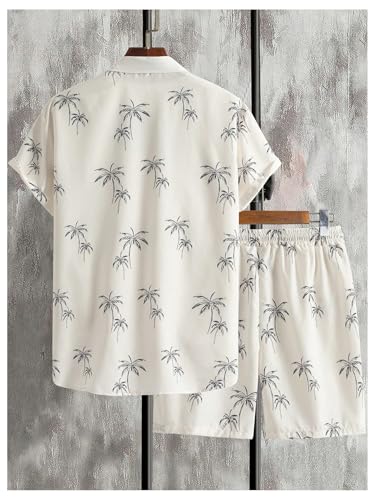 GORGLITTER Men's Patchwork Print Button Front Short Sleeve Collar Shirt and Drawstring Waist Shorts Set with Pocket2