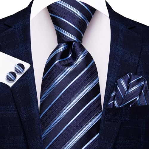 Image of Hi-Tie Silk Ties for Men Plaid Paisley Striped Necktie Pocket Square Cufflinks Set Formal Business