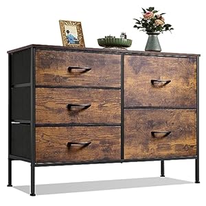 WLIVE Dresser for Bedroom with 5 Drawers, Wide Bedroom Dresser with Drawer Organizers, Chest of Drawers, Fabric Dresser for Living Room, Closet, Hallway, Nursery, Rustic Brown Wood Grain Print