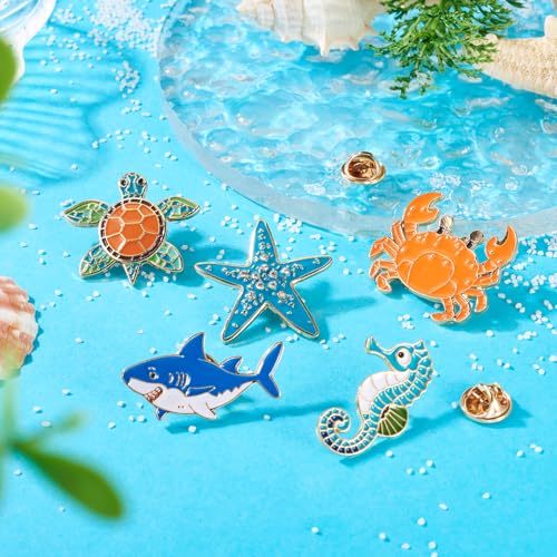 Image of 5Pcs Sea Animal Enamel Pins for Backpack, Cute Cartoon Ocean Animal Crab Starfish Sea Horse Shark Turtle Brooch Badges, Marine Life Creature Series Lapel Badges for Bags Hats Clothes Decor