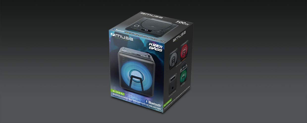 Muse Enceinte de fête, Bluetooth, avec batterie, lecteur CD et effets lumineux (USB, AUX), noir 100 Watt Noir
