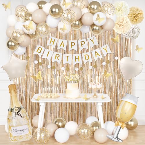 Ouddy Life - Ouddy Life White Gold Birthday Party Decorations Kit for Women Girls, Happy Birthday Banner, Sand White Metallic Gold Foil Confetti Balloons, Fringe Curtain, Cake Topper, Pompoms, Butterfly Supplies