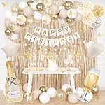 Ouddy Life White Gold Birthday Party Decorations Kit for Women Girls, Happy Birthday Banner, Sand White Metallic Gold Foil Confetti Balloons, Fringe Curtain, Cake Topper, Pompoms, Butterfly Supplies