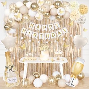 Ouddy Life White Gold Birthday Party Decorations Kit for Women Girls, Happy Birthday Banner, Sand White Metallic Gold Foil Confetti Balloons, Fringe Curtain, Cake Topper, Pompoms, Butterfly Supplies