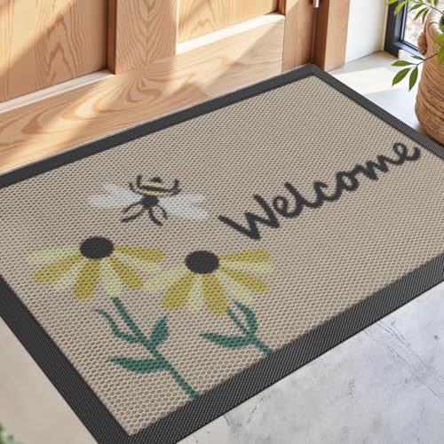 DEXI Front Door Mat Outside Entrance Welcome, Summer Froral Entryway Doormat Dirt Trapper, Heavy Duty Non Slip Entry Mats for Patio Garage Porch Home Decorative, 17x30, Bee and Flower
