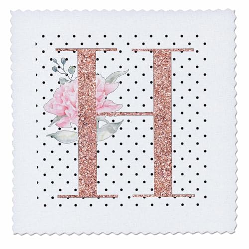 14x14 inch Quilt Square - Monogram Initial H Pink Rose Floral On Black and White Polka Dots Monograms
