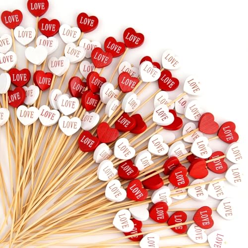 Love Heart Cocktail Picks, 4.7 Inch 100pcs Valentine's Day Bamboo