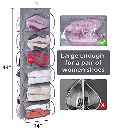 Keetdy 12 Large Clear Pockets Hanging Shoe Organizer Fabric Dual Sided Shoe Holder Rack For Closet Shelves With Roating Hanger For Storage Mens Shoes, Women Handbags, Kids Clothing, Grey #TOP1