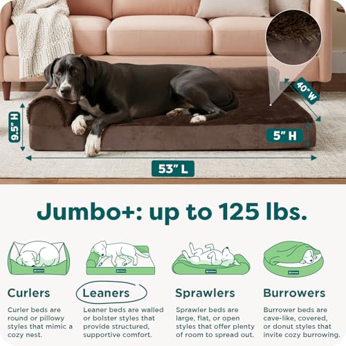 Image of Furhaven Orthopedic Dog Bed for Large Dogs w / Removable Bolsters & Washable Cover, For Dogs Up to 125 lbs - Plush & Velvet L Shaped Chaise - Sable Brown, Jumbo Plus /XXL