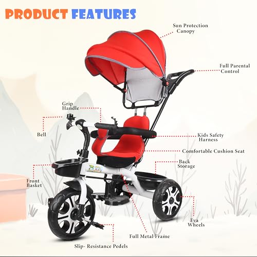 Image of BABY SMILE 4-in-1 Kids Tricycle with Adjustable Canopy, Parent Push Handle, Red and White (RED)