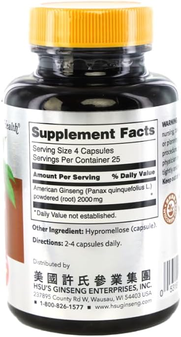 Hsu’s Ginseng SKU 1001 | American Ginseng Capsules, 100ct | Cultivated American Ginseng from Marathon County, Wisconsin USA | 许氏花旗参丸 | 500 mg 100 ct Capsules Bottle, Panax quinquefolius l., B000153QYG - Image 2