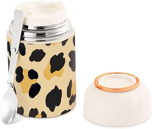 MCHIVER Tarro de comida de leopardo marrón con cuchara de acero inoxidable aislado al vacío, contenedor de alimentos de 17 onzas para alimentos