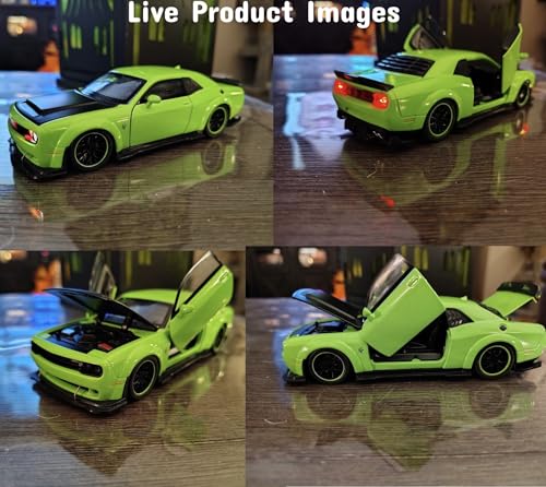 Image of Die-Cast Car Model 1:32 Scale Challenger SRT| Alloy Metal Car with Openable Doors, Hood & Trunk | LED Headlight & Taillight with Sound | Pull Back Toy for Kids & Collectors (Green)