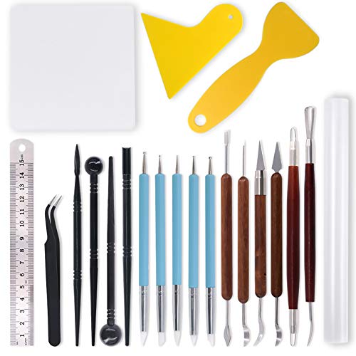 Swpeet 21Pcs Modeling Clay Sculpting Tools Kits, Handle Double-Sided Set, Dual-Ended Design Pottery Tools, Plastic Ball Rod Stylus Modeling Tools, Clay Roller, Clay Scarper for Modeling Clay