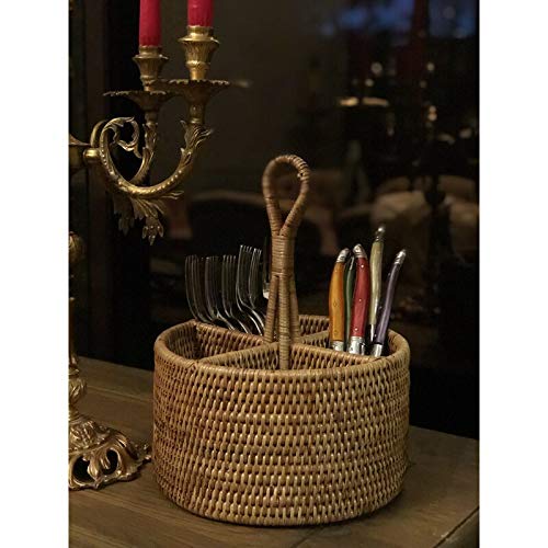Image of AKWAY Bamboo Rattan Spoon Stand | Round Cutlery Holder | Kitchen Rack for Cafe & Resto-bar | Tableware Storage (6.5W x 6.5L x 5H Inches, Beige)