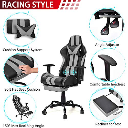 Massage Racing Chair for Gaming,PC Gaming Chair,Video Game Chair,Computer Chair, E-Sports Chair,Ergonomic Office Chair with Retractable Footrest and Adjustable Headrest and Lumbar Support(Cool Grey)