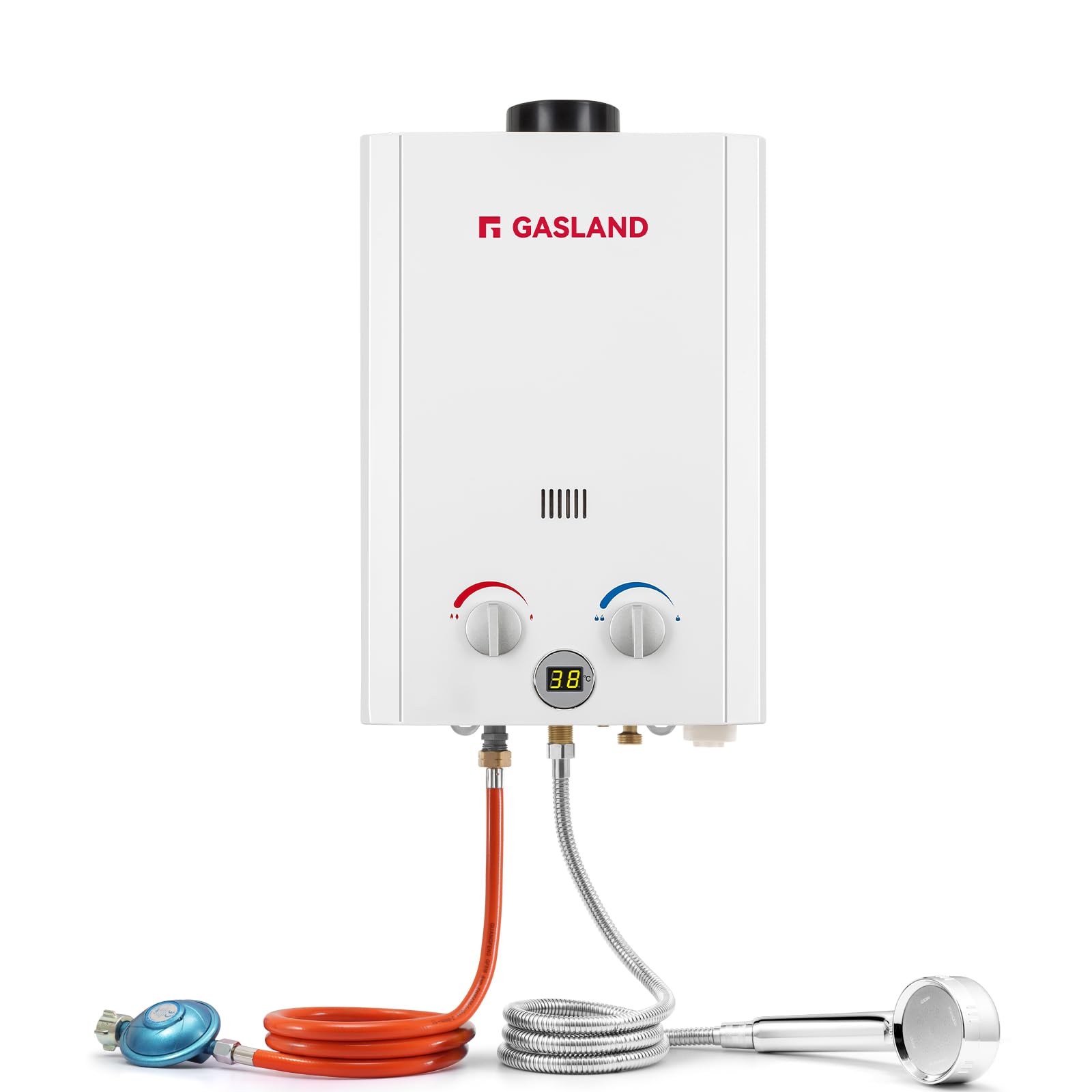 GASLAND BE264 Gas Durchlauferhitzer Propangas 10 Liter Camping Durchlauferhitzer Gastherme 50mbar Campingdusche Warmwasser mit Überhitzungsschutz für Wohnmobil Hütte Scheune
