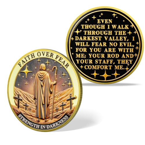 BraveBloom Faith Over Fear Christian Challenge Coin - Psalm 23:4 Bible Verse - Jesus Cross Prayer Token - Inspirational Religious Gift for Men Women