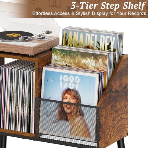 Image of Record Player Stand with Storage, 3-Tier Step Vinyl Record Storage Holder up to 200 Albums, Small Vintage Record Player Table, Turntable Stand Recordsfor Living Room, Bedroom
