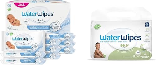 WaterWipes Paquete de 540 unidades originales (9 paquetes) y toallitas texturizadas limpias, 240 unidades (4 paquetes), sin plástico, 99.9%