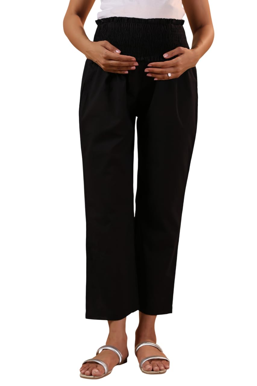 Ikk Kudi by Seerat Women's Maternity High-Waisted Smocked Pants, Cotton Flex, Ankle Length, Relaxed Fit, Casual Wear | Pre and Post Pregnancy | Color - Black-picture-13