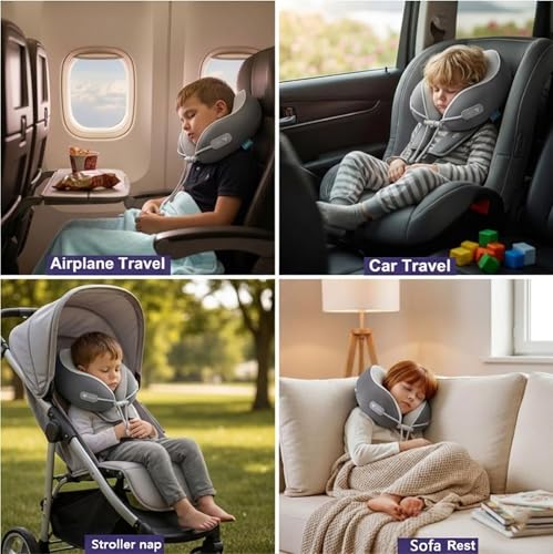 Image of Kids Travel Pillow with Cool Material,Neck Pillow for Traveling 100% Pure Memory Foam,Travel Neck Pillow with Zipper Box, Airplane Pillow for Traveling,Travel Essentials (Kids Pillow-Grey)