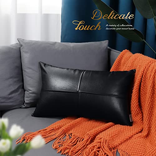 Image of BRAWARM Pack of 2 Black Leather Throw Pillows 12 X 20 Inches, Hand Stitched Faux Leather Decorative Lumbar Pillow Covers for Couch Sofa Bed Living Room Garden Home Decor