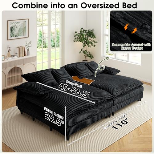 Image of WESTSETLUX 54.8 inch W Oversized Chaise Lounge Chair Indoor with 5-Position Adjustable Backrest, Corduroy Sleeper Sofa Bed with 3 Pillows, Modern Cloud Couch Chair for Living Room, Bedroom, Black