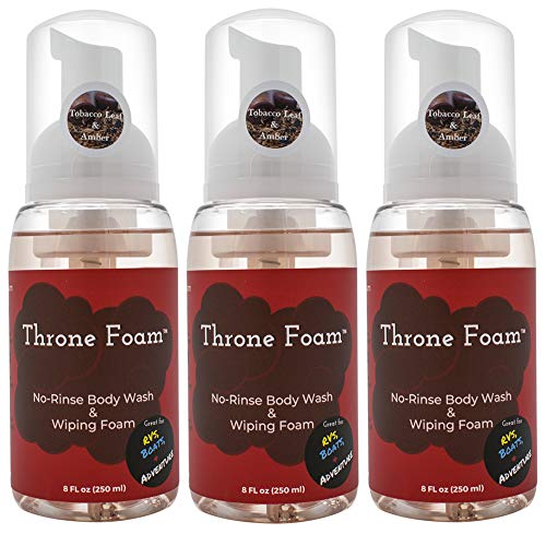 Throne Foam Waterless Cleansing Foam: No Rinse Body Wash & Wiping Foam - Foaming Shower in a Bottle for Camping, RVs, Boats - Wet Wipes Bathing Alternative - Tobacco Leaf & Amber, 8 Fl Oz, 3 Pack