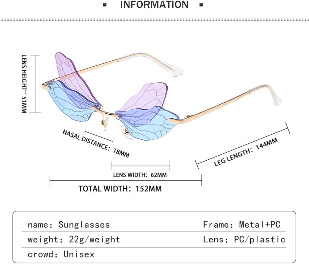 Dragonfly Rimless Sunglasses Wing Shaped Butterfly Fairy Shades Glasses Fashion Party Sunglasses for Women Men - Image 3