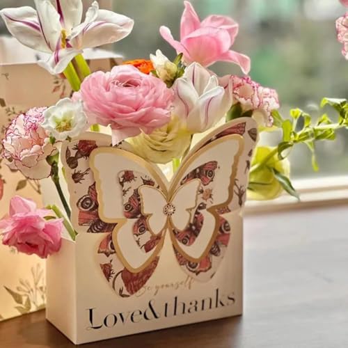 Image of Oasis Pack of 10 Luxury Butterfly Style Flower Paper Baskets - Gold Cardboard Bouquet Gift Boxes - Decorative Floral Arrangement Containers - Elegant Packaging for Fresh Flowers, Hampers, Weddings & Gifting - 5764 (P-10)