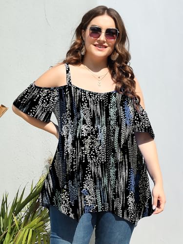 Image of LARACE Cold Shoulder Tops for Womens Summer Clothes Spaghetti Strape Tunic Oversized Shirts Asymmetrical Plus Size Blouse