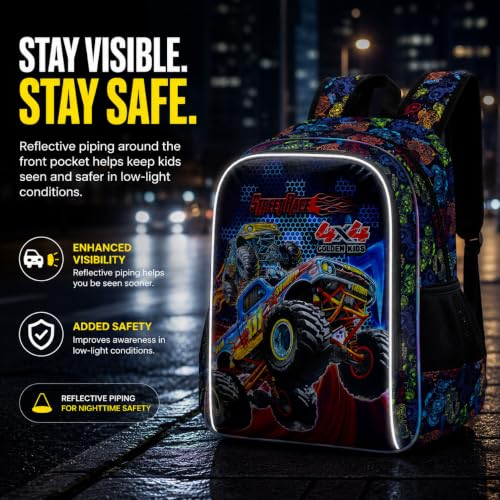 Image of 16 inch Truck Backpack, 3Pcs Boy Bookbag for Elementary Preschool Kindergarten, Kids School Backpacks with Lunch Box (Black)