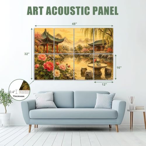 8 Pack paneles acústicos artísticos con absorción de sonido, diseño tradicional chino, tamaño total 48"x32" miniatura 2